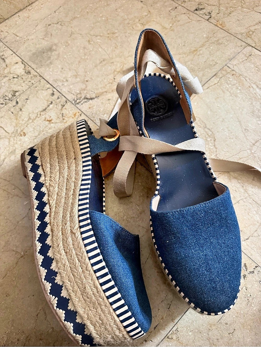 Tory Burch Dandy Ankle Wrap Espadrille Wedge Blue & Beige